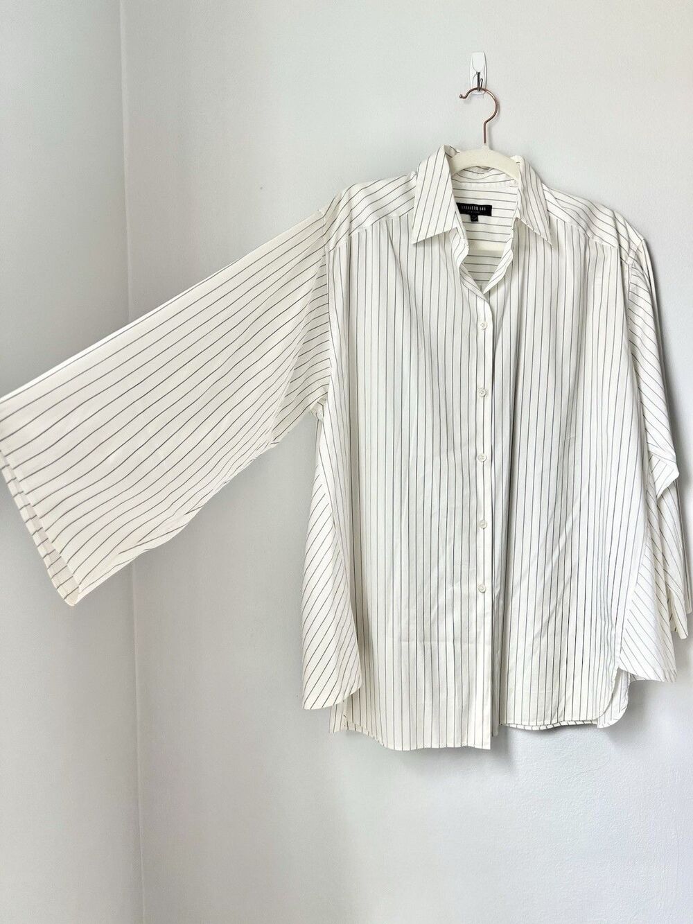 Lafayette 148 Tunic Blouse M/L White Stripe Button Down Lagenlook Artsy Modern - Picture 3 of 16